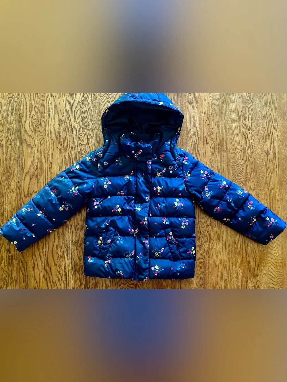GAP Kids Girls Navy Floral Cold Control Max Puffer Jacket with Hood Size M
